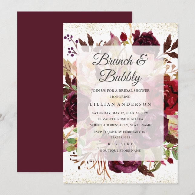 Elegant Burgundy Gold Bloom Brunch And Bubbly Invitation (Front/Back)