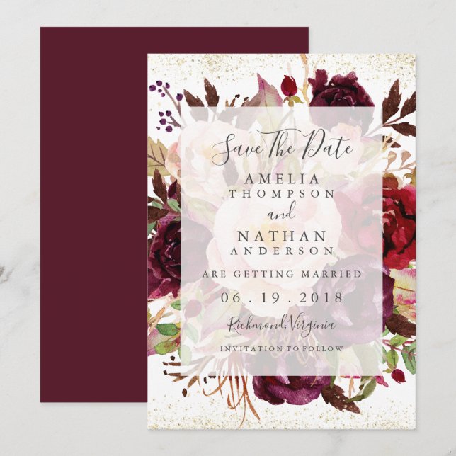 Elegant Burgundy Gold Bloom Save The Date Invitation (Front/Back)