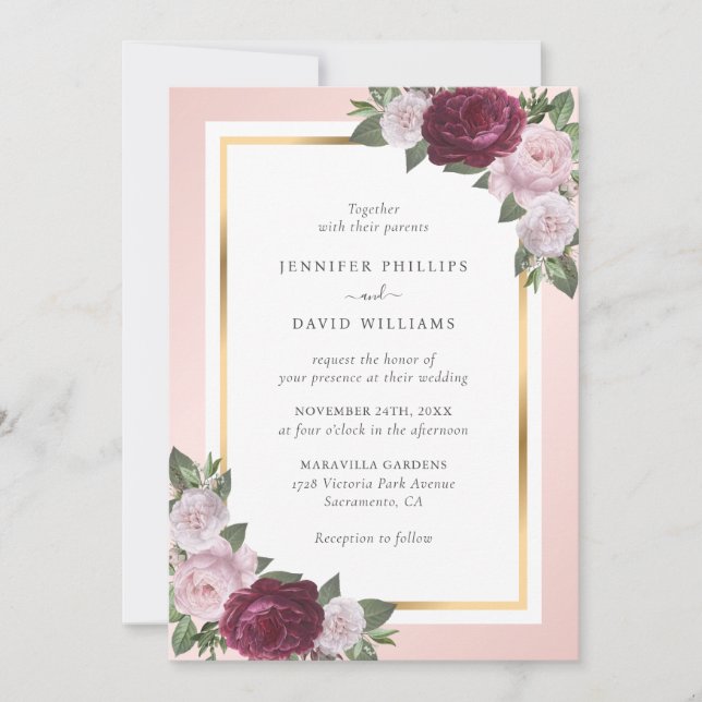 Elegant Burgundy Gold Blush Pink Floral Wedding Invitation (Front)