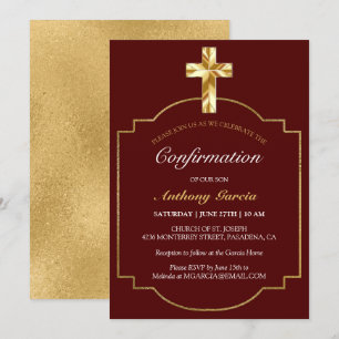 Elegant Burgundy Gold Boys Confirmation Invitation