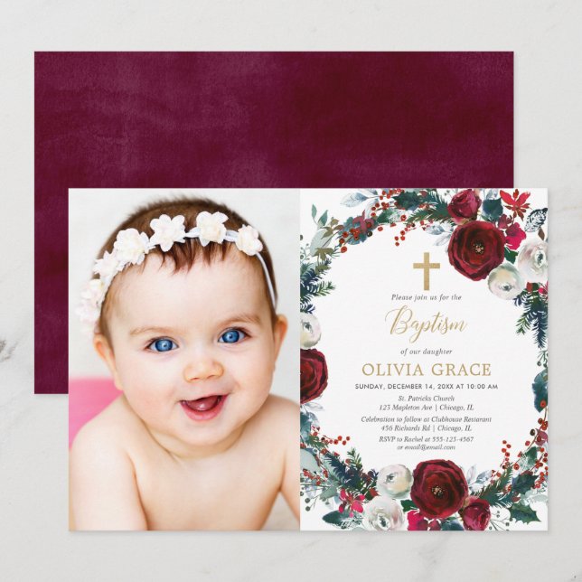 Elegant burgundy gold Christmas baptism photo Invitation (Front/Back)