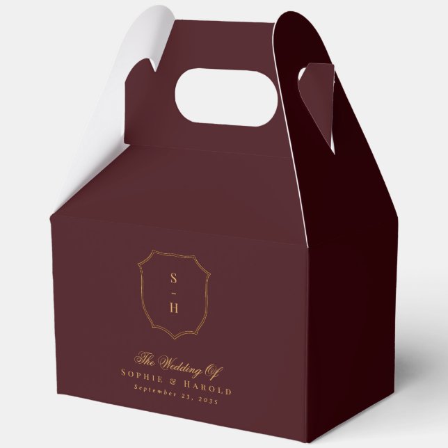 Elegant Burgundy & Gold Crest Monogram Wedding Favor Box (Front)