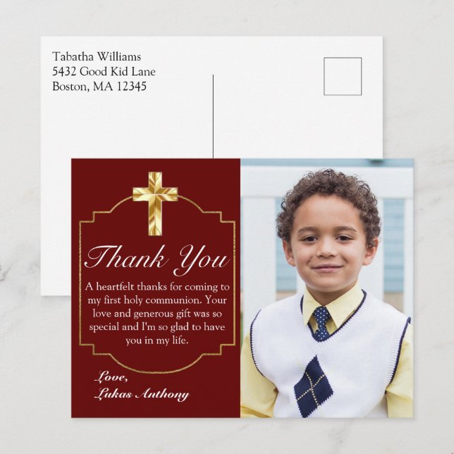 Elegant Burgundy Gold Cross 1st Communion Thank Yo Postcard (Front/Back)