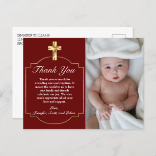 Elegant Burgundy Gold Cross Baptism Thank You  Postcard