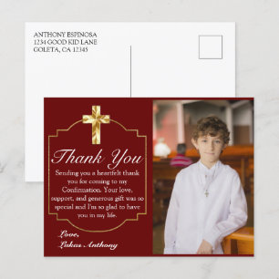 Elegant Burgundy Gold Cross Confirmation Photo  Postcard