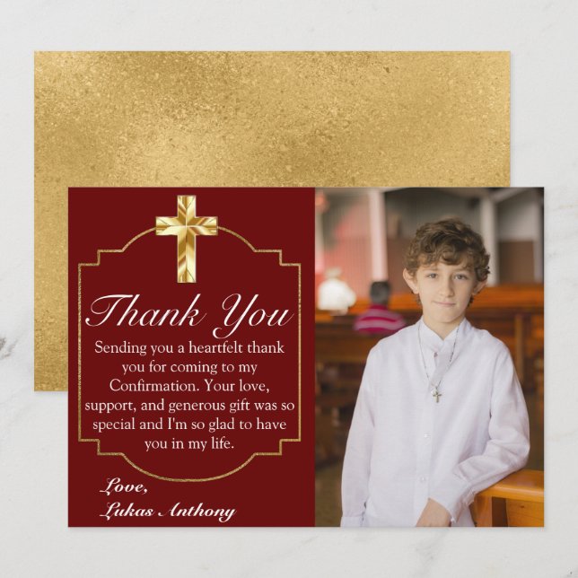 Elegant Burgundy Gold Cross Confirmation Photo Thank You Card (Front/Back)