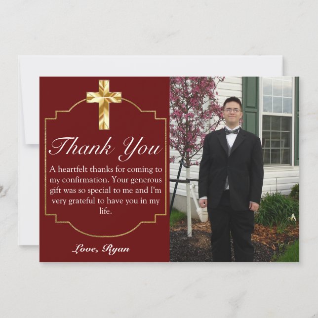 Elegant Burgundy Gold Cross Confirmation Thank You Card (Front)