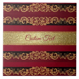Elegant Burgundy Gold Damask Pattern Home Decor Tile
