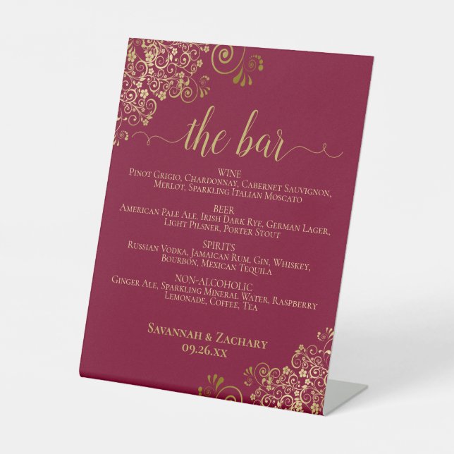 Elegant Burgundy & Gold Drinks or Bar Menu Wedding Pedestal Sign (Front)