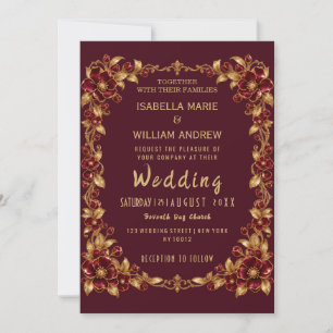 Elegant Burgundy Gold Floral Border Wedding Invitation