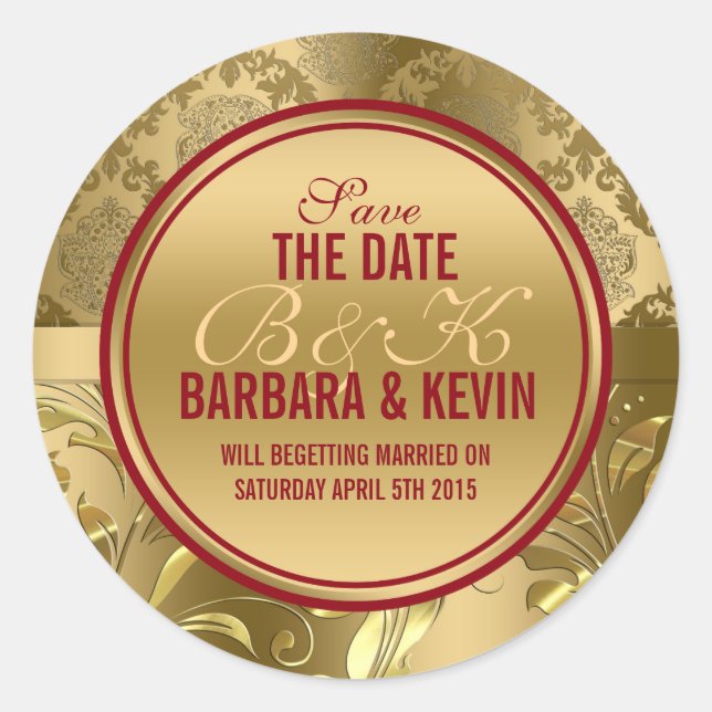 Elegant Burgundy & Gold Floral Damasks 3 Classic Round Sticker (Front)