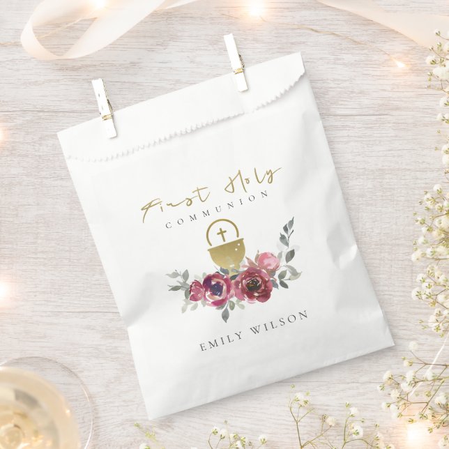 ELEGANT BURGUNDY GOLD FLORAL FIRST HOLY COMMUNION FAVOUR BAG (Clipped)