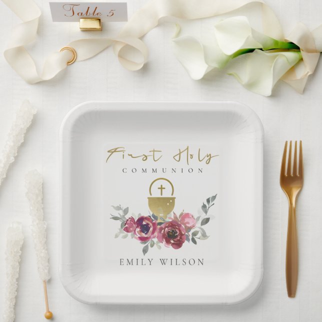 ELEGANT BURGUNDY GOLD FLORAL FIRST HOLY COMMUNION PAPER PLATE (Wedding)