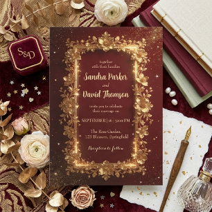Elegant Burgundy & Gold Floral Frame Wedding  Invitation
