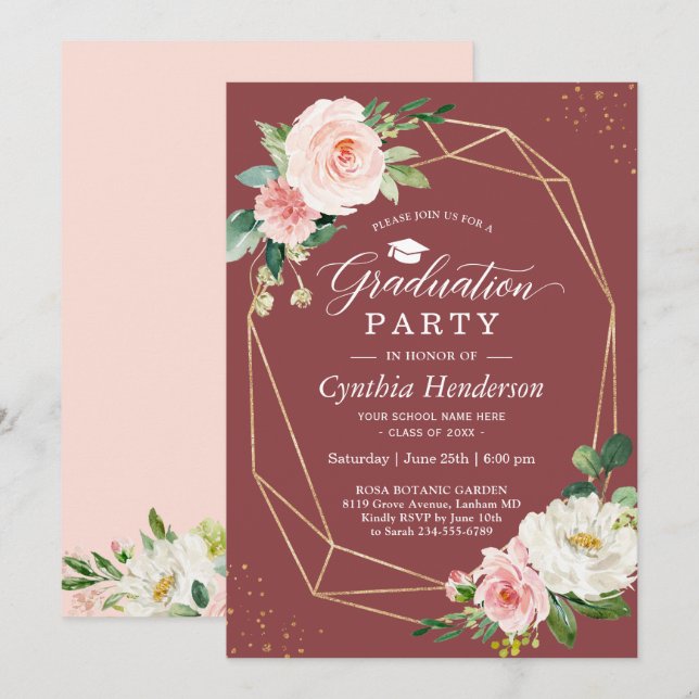 Elegant Burgundy Gold Floral Graduation Party Invitation (Front/Back)