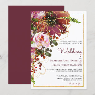 Elegant Burgundy Gold Floral Modern Wedding Invitation
