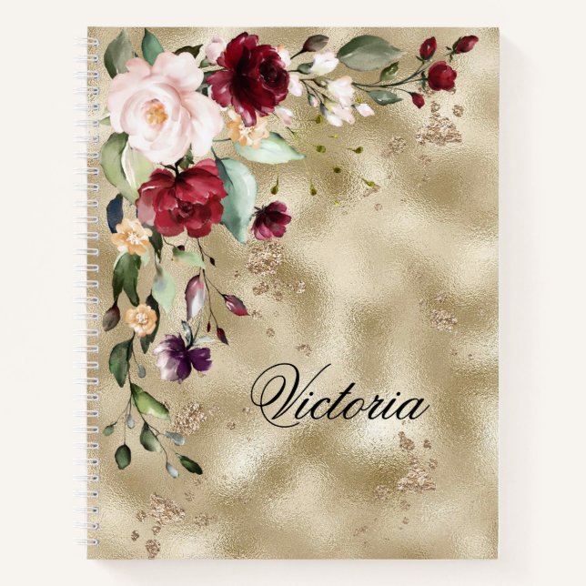 Elegant Burgundy Gold Floral Personalized Script Notebook (Front)