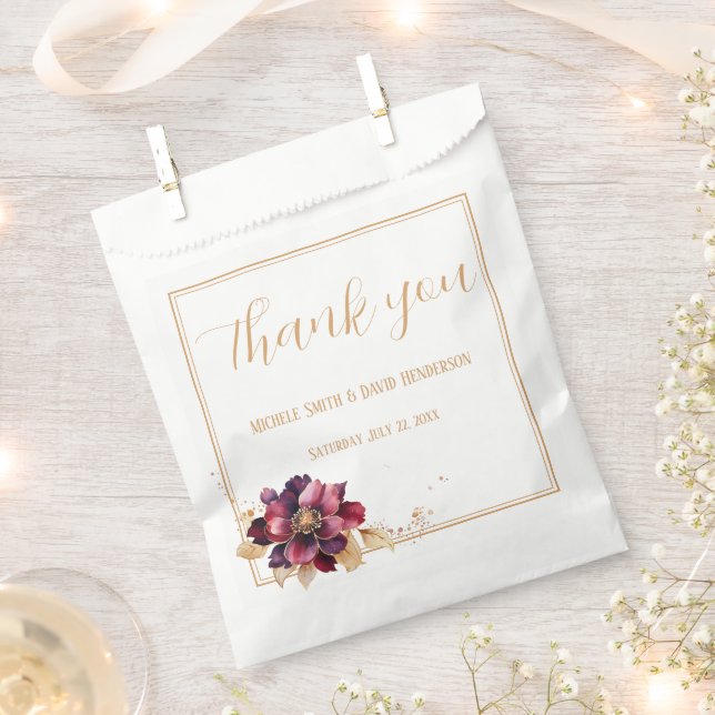 Elegant Burgundy Gold Floral Script Wedding Favour Bag (Clipped)