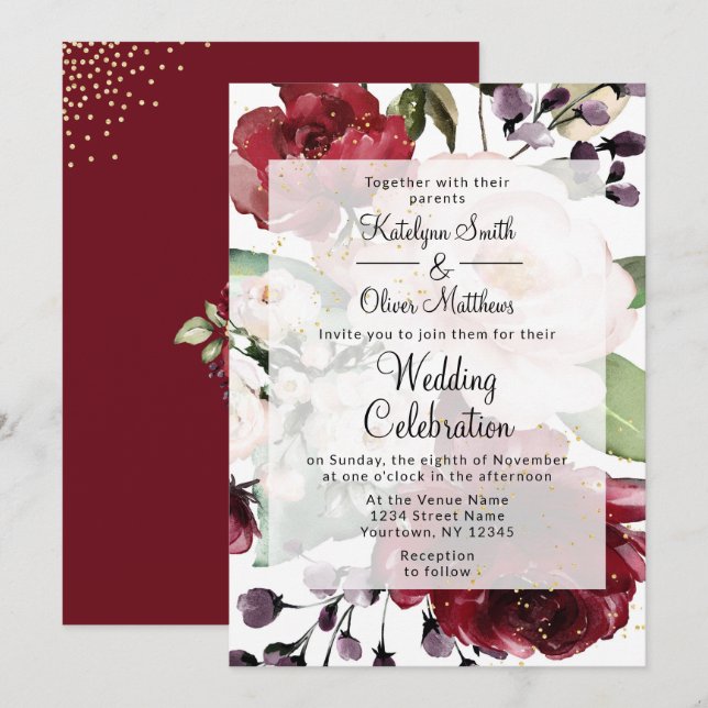 Elegant Burgundy & Gold Floral Watercolor Wedding Invitation (Front/Back)