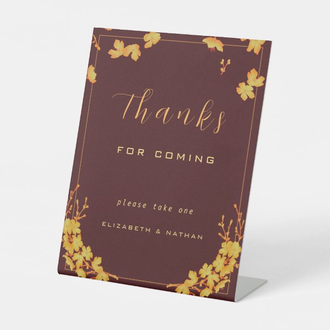 Elegant Burgundy & Gold Floral Wedding Favour  Pedestal Sign (Front)