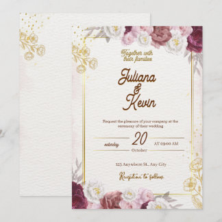 Elegant Burgundy & Gold Floral Wedding Invitation