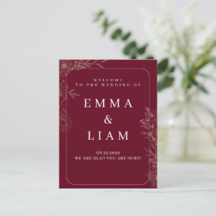 Elegant Burgundy Gold Floral Wedding Welcome Postcard