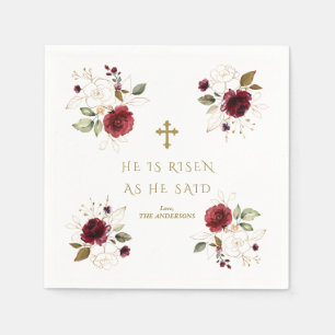 Elegant Burgundy Gold Flowers He Is Risen Easter Napkin