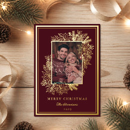 Elegant Burgundy Gold Foil Botanical Frame Photo Holiday Card