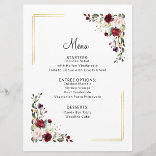 Elegant Burgundy Gold Foil Floral Wedding Dinner Menu