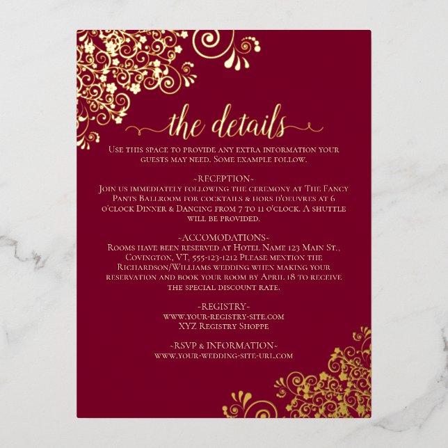 Elegant Burgundy & Gold Foil Mariage Détails Carte (Recto)