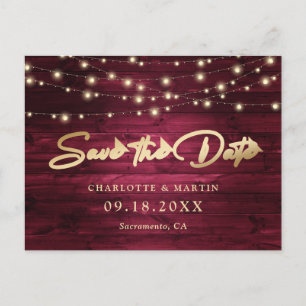 Elegant Burgundy Gold Foil Wood Save The Date Announcement Postcard