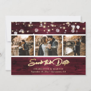 Elegant Burgundy Gold Foil Wood Wedding Photo Save The Date