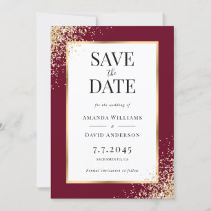 Elegant Burgundy Gold Frame Confetti Wedding Save The Date