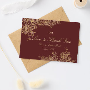 Elegant Burgundy & Gold Garden Floral Wedding  Thank You Card