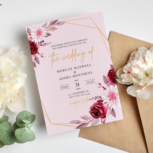 Elegant Burgundy Gold Geometric Wedding Invitation (Creator Uploaded)