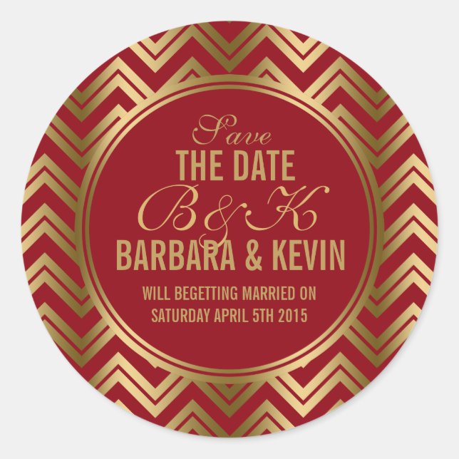 Elegant Burgundy & Gold Geometric Zigzag Chevron Classic Round Sticker (Front)
