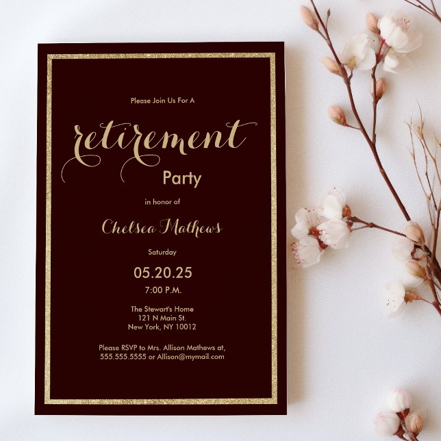 Elegant burgundy gold glitter Retirement Party Invitation (Elegant burgundy gold glitter Retirement Party)
