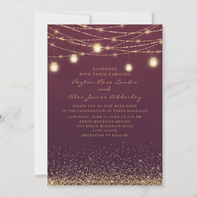 Elegant Burgundy Gold Glitter String Light Wedding Invitation (Front)
