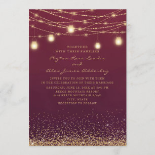 Elegant Burgundy Gold Glitter String Light Wedding Invitation