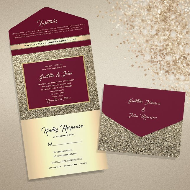 Elegant Burgundy Gold Glitter Wedding All In One Invitation (Creator Uploaded)