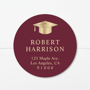 Elegant Burgundy Gold Graduation Return Address Classic Round Sticker