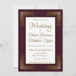Elegant Burgundy Gold Lace Frame Wedding Invitation
