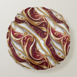 Elegant Burgundy & Gold Marble Round Throw Pillow