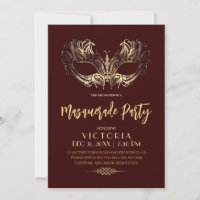 Elegant Burgundy Gold Masquerade Party Birthday