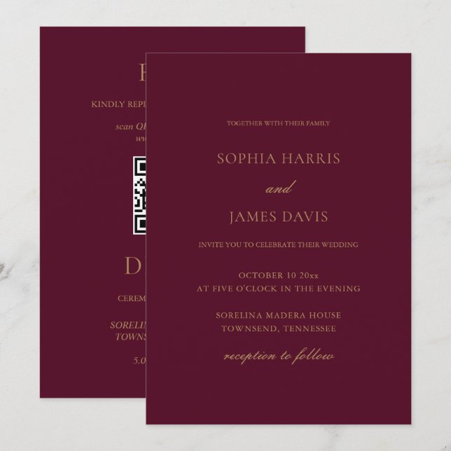 Elegant Burgundy Gold Minimal Wedding All in One Invitation (Front/Back)