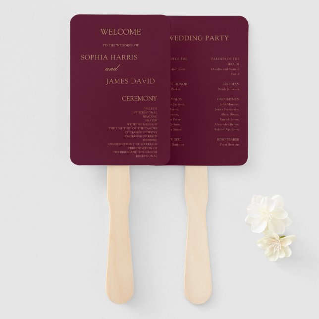 Elegant Burgundy Gold Minimalist Wedding Programs Hand Fan (Front and Back)