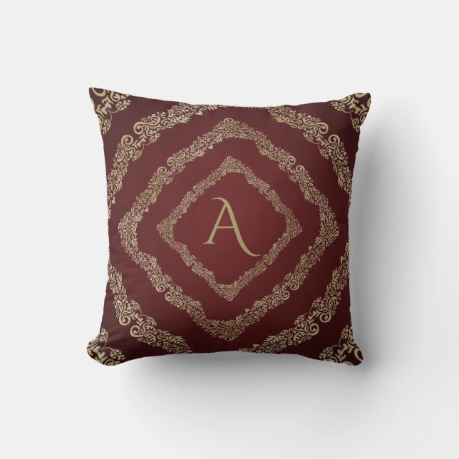 Elegant Burgundy & Gold Monogram Letter A Throw Pillow (Front)