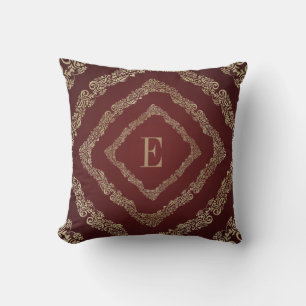 Elegant Burgundy & Gold Monogram Letter E Throw Pillow