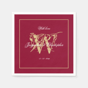 Elegant Burgundy Gold Monogram Names Chic Wedding Napkin