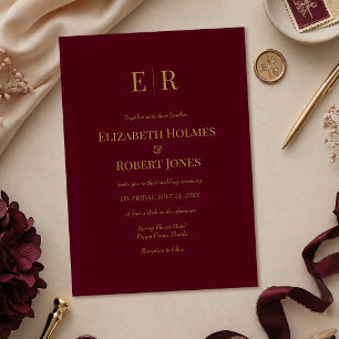 Elegant Burgundy Gold Monogram Wedding Invitation